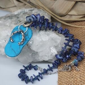 Boho Silver Necklace natural Mother of Pearl nugget Turquoise Blue Flip Flop